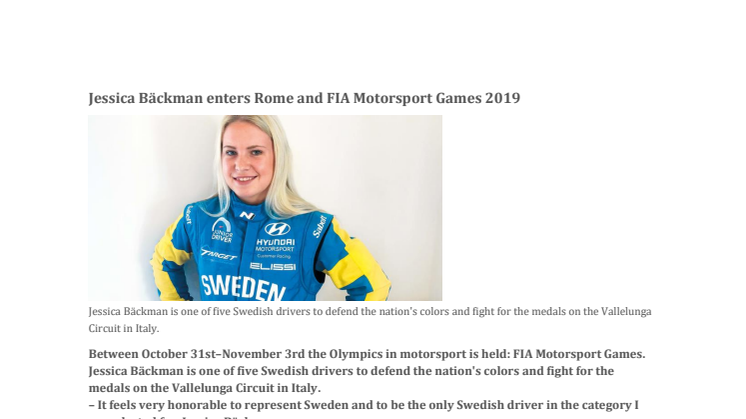 Jessica Bäckman enters Rome and FIA Motorsport Games 2019
