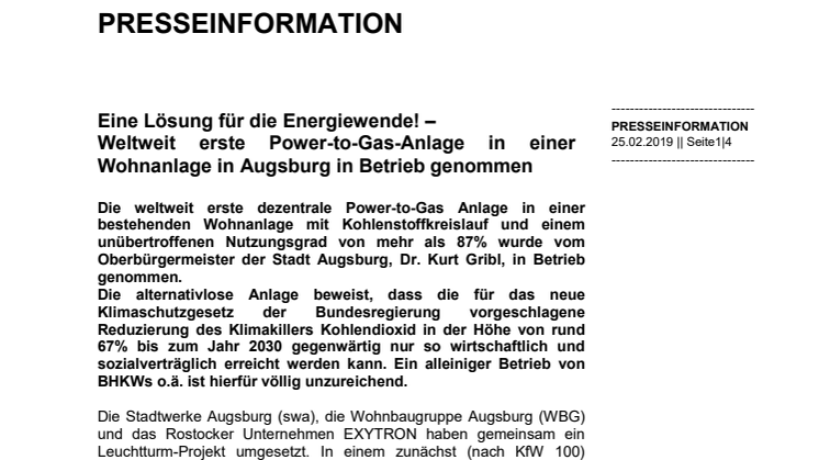 Eine Lösung für die Energiewende! – Weltweit erste Power-to-Gas-Anlage in einer Wohnanlage in Augsburg in Betrieb genommen