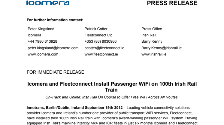Icomera and Fleetconnect Install Passenger WiFi on 100th Irish Rail Train