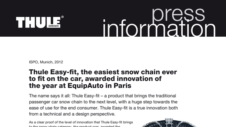 Thule Easy-fit, the easiest snow chain ever to fit on the car, awarded innovation of the year at EquipAuto in Paris