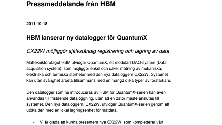 HBM lanserar ny datalogger för QuantumX 