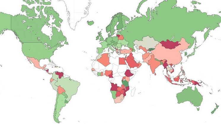 Kartan visar ett globalt riskindex över riskområden för skadlig kod runtom i världen. Grön = låg risk, röd = hög risk, grå = otillräcklig data.