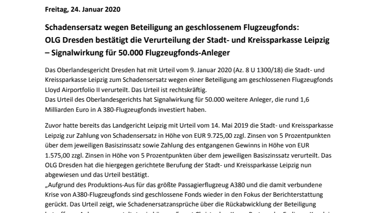 Schadensersatz wegen Beteiligung an geschlossenem Flugzeugfonds:  OLG Dresden bestätigt die Verurteilung der Stadt- und Kreissparkasse Leipzig – Signalwirkung für 50.000 Flugzeugfonds-Anleger
