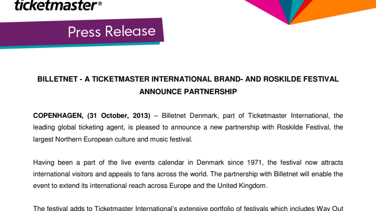 Billetnet - som ingår i Ticketmaster - blir samarbetspartner till Roskilde Festival