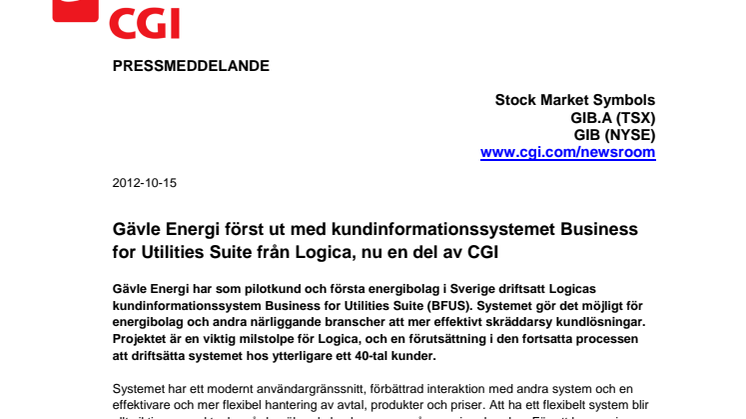 Gävle Energi först ut med kundinformationssystemet Business for Utilities Suite från Logica, nu en del av CGI