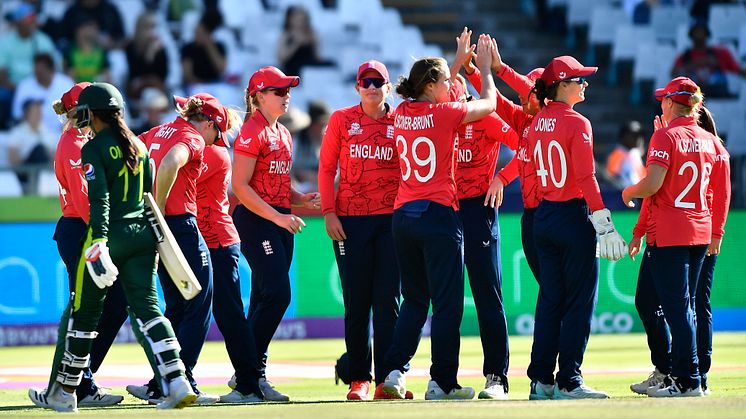 England celebrate taking one of nine wickets against Pakistan