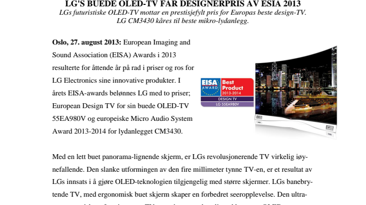 LG'S BUEDE OLED-TV FÅR DESIGNERPRIS AV ESIA 2013