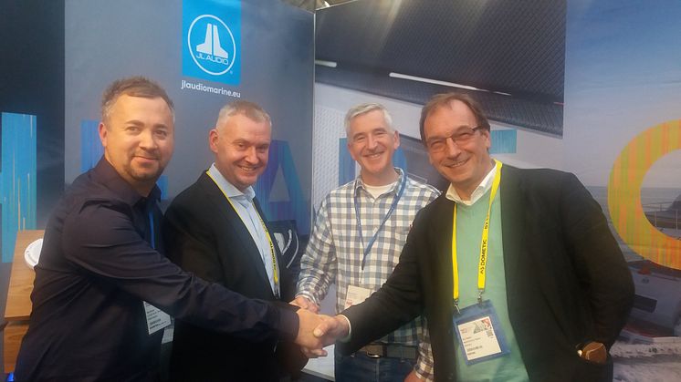 From Left: Mike Keenan, Sales Director, JL Audio Marine Europe; Nils Thoss, Managing Director, Waterloft; Paul Baker, Managing Director, JL Audio Marine Europe; Jὂrg Tapken, Joint Managing Director, Waterloft