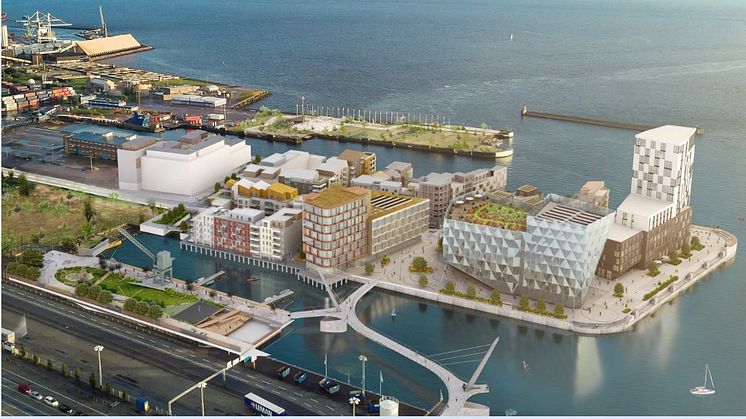Illustrationen visar första utbyggnadsetappen i den nya stadsdelen Oceanhamnen i Helsingborg.