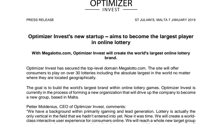 Optimizer Invest's new startup – aims to become the largest player in online lottery