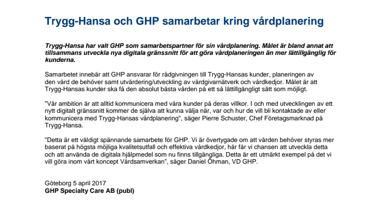 Trygg-Hansa och GHP samarbetar kring vårdplanering