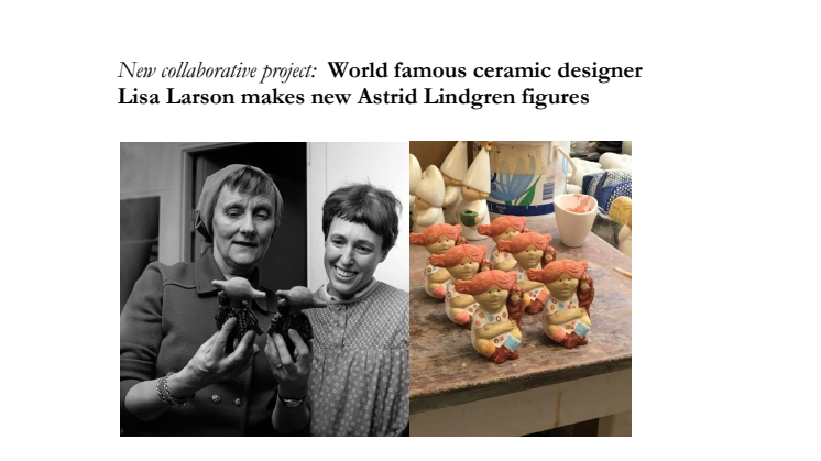 New collaborative project:  World famous ceramic designer Lisa Larson makes new Astrid Lindgren figures