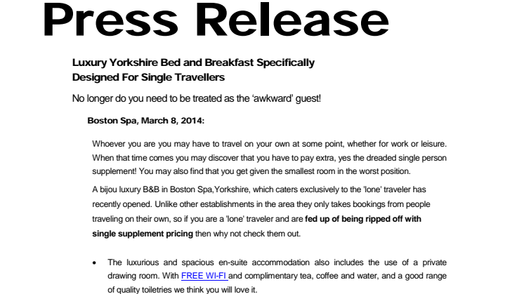 Luxury Yorkshire Bed and Breakfast Specifically Designed For Single Travellers