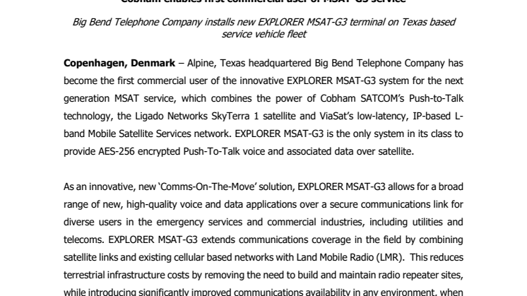 Cobham SATCOM: Cobham enables first commercial user of MSAT-G3 service 