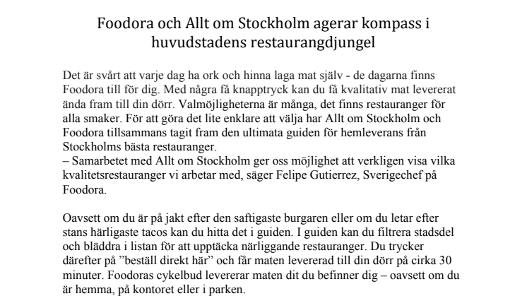 Foodora & Allt Om Stockholm agerar kompass i huvudstadens restaurangdjungel