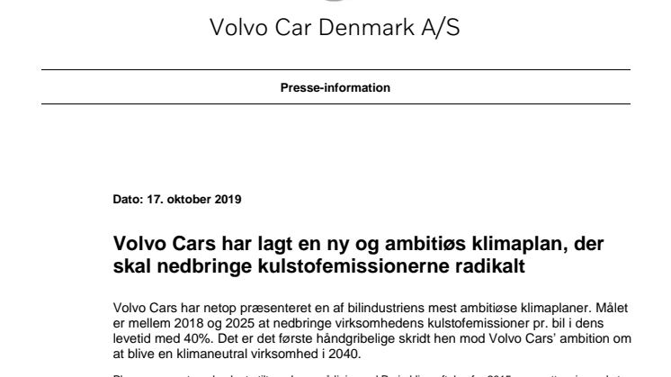 Volvo Cars har lagt en ny og ambitiøs klimaplan, der skal nedbringe kulstofemissionerne radikalt