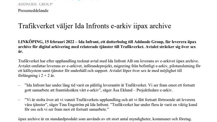 Pressmeddelande - Trafikverket väljer Ida Infronts e-arkiv iipax archive _20220215.pdf