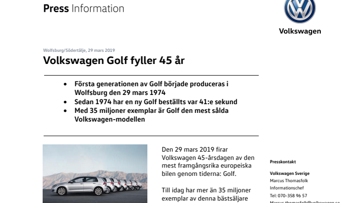 Volkswagen Golf fyller 45 år