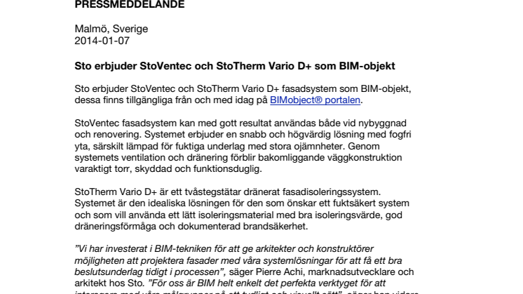 Sto erbjuder StoVentec och StoTherm Vario D+ som BIM-objekt
