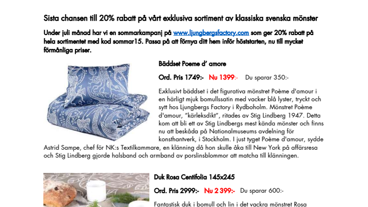 Sista chansen till 20% rabatt på vårt exklusiva sortiment av klassiska svenska mönster