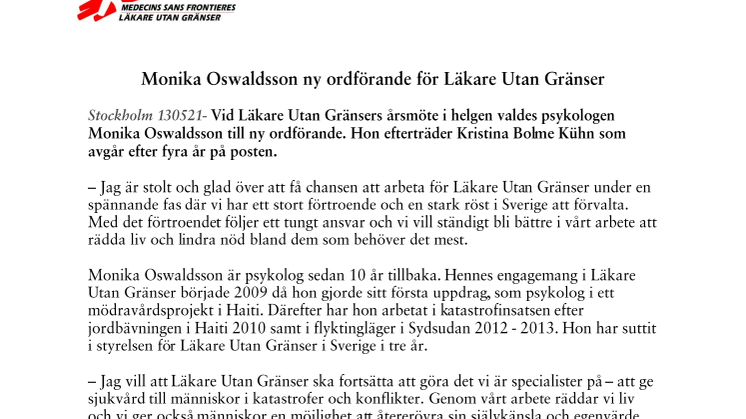 Monika Oswaldsson ny ordförande för Läkare Utan Gränser