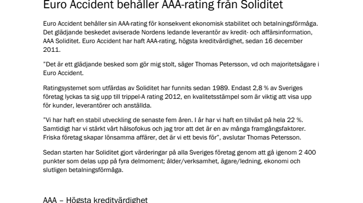Euro Accident behåller AAA-rating från Soliditet