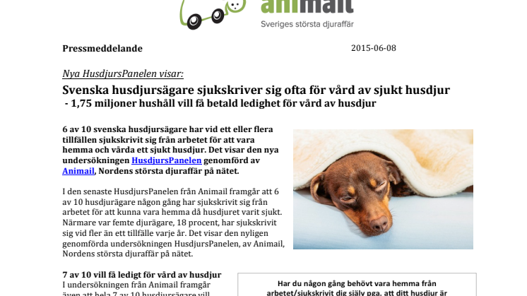Nya HusdjursPanelen visar: Svenska husdjursägare sjukskriver sig ofta för vård av sjukt husdjur  - 1,75 miljoner hushåll vill få betald ledighet för vård av husdjur