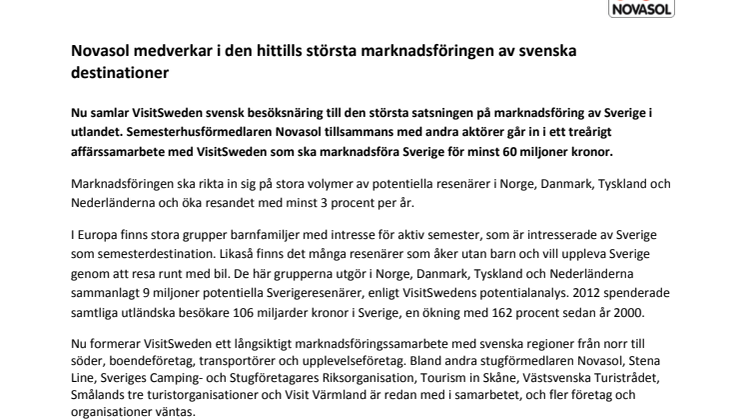 Novasol medverkar i den hittills största marknadsföringen av svenska destinationer 