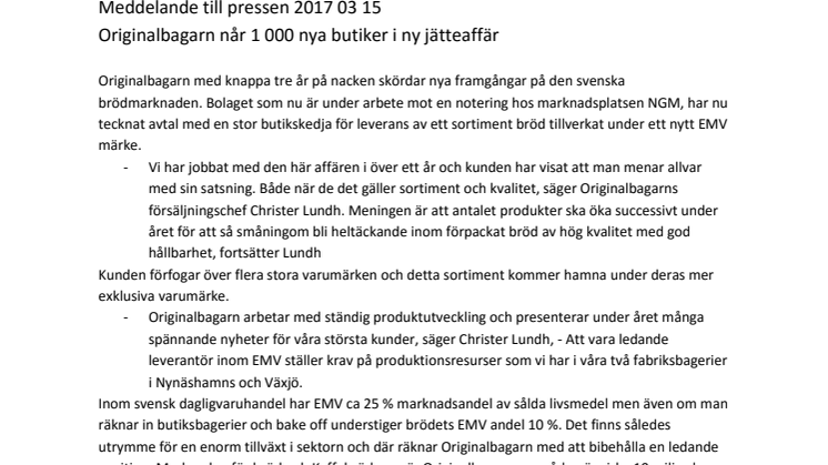 Originalbagarn når 1 000 nya butiker i ny jätteaffär