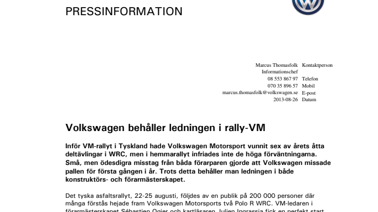 Volkswagen behåller ledningen i rally-VM 