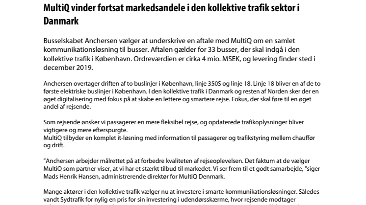 MultiQ vinder fortsat markedsandele i den kollektive trafik sektor i Danmark