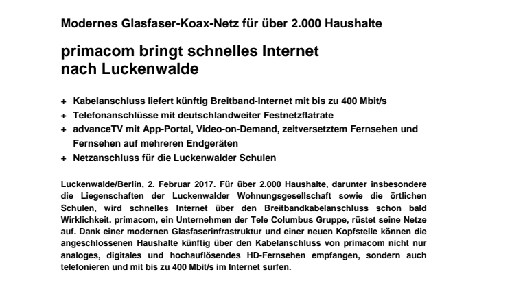 primacom bringt schnelles Internet  nach Luckenwalde