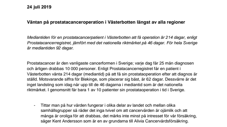 Väntan på prostatacanceroperation i Västerbotten längst av alla regioner 