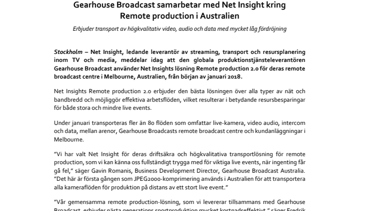 Gearhouse Broadcast samarbetar med Net Insight kring  Remote production i Australien