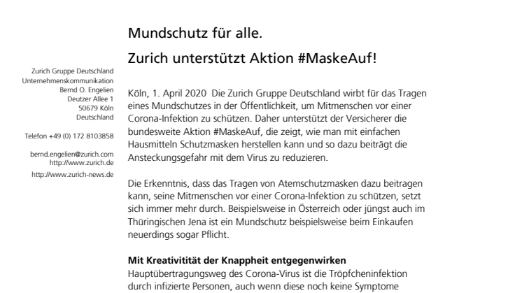 Mundschutz für alle. Zurich unterstützt Aktion #MaskeAuf!