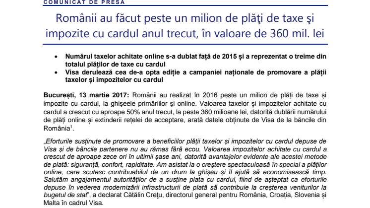 Românii au făcut peste un milion de plăţi de taxe şi impozite cu cardul anul trecut, în valoare de 360 mil. lei