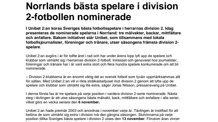 Norrlands bästa spelare i division 2-fotbollen nominerade
