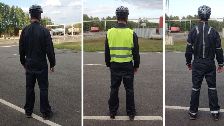 I studien som gjorts av forskare på Högskolan i Skövde bar cyklisterna en mörk overall och synbarheten testades utifrån tre olika uppsättningar. Inga reflexer alls på overallen, en reflexväst, eller ett flertal smala reflexband på rörliga kroppsleder