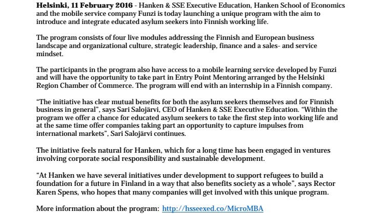 Hanken & SSE Executive Education launches MicroMBA for educated asylum seekers