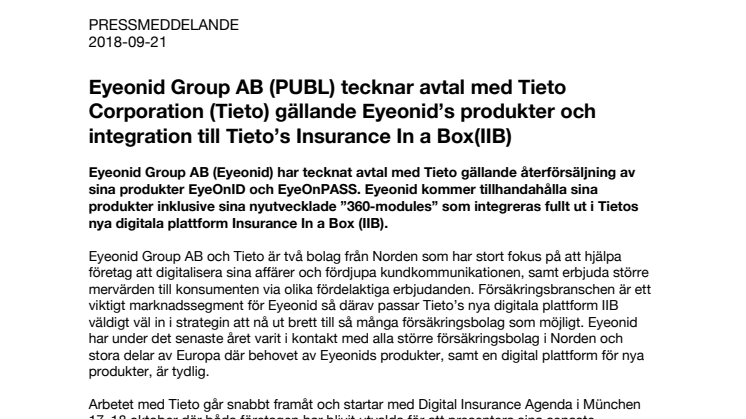 Eyeonid Group AB (PUBL) tecknar avtal med Tieto Corporation (Tieto) gällande Eyeonid’s produkter och integration till Tieto’s Insurance In a Box(IIB)