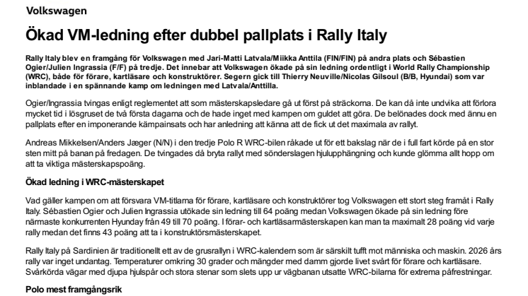 Ökad VM-ledning efter dubbel pallplats i Rally Italy