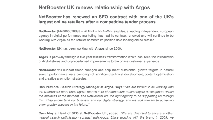 NetBooster UK renews relationship with Argos