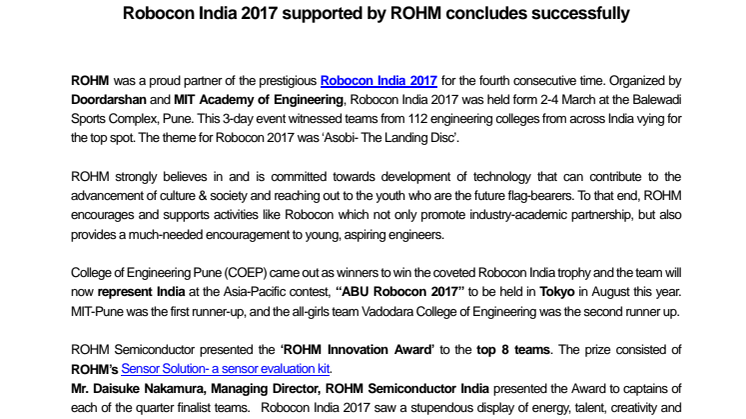 [Robocon India 2017] ROHM Events Participation
