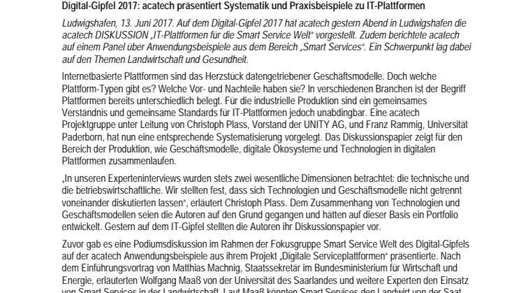 Digital-Gipfel 2017: acatech präsentiert Systematik und Praxisbeispiele zu IT-Plattformen