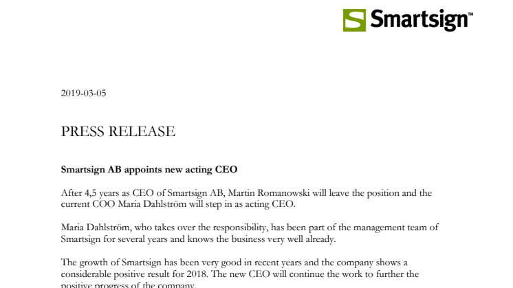 Smartsign AB appoints new acting CEO