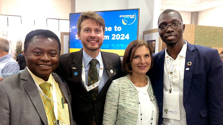 Dr. Daniel A Ofori (AFF), Dr. Fredrik Ingemarson (chef för sekretariatet 2024), Sveriges ambassadör Johanna Brismar Skoog samt IFSA:s president Amos. Foto: Mimmi Blom