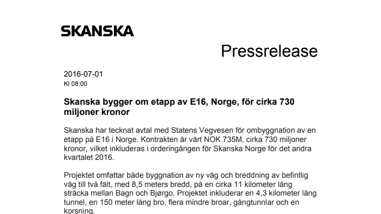 Skanska bygger om etapp av E16, Norge, för cirka 730 miljoner kronor