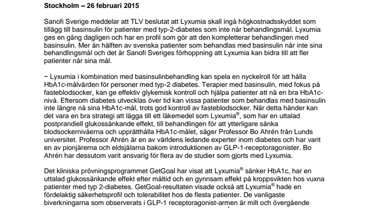 Lyxumia® (lixisenatid) får subvention av TLV