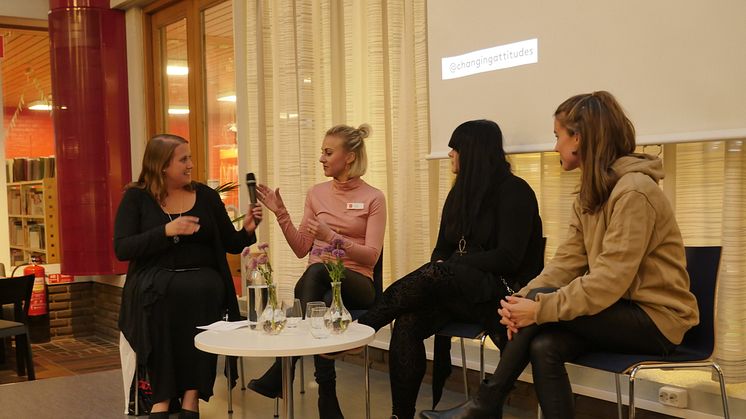 Camilla Bergvall (samtalsledare), FemHbg, Emma Cotterill, Frälsningsarmén Helsingborg,  Ida, #intedinhora, och Maria Ahlin, Changing attitudes.