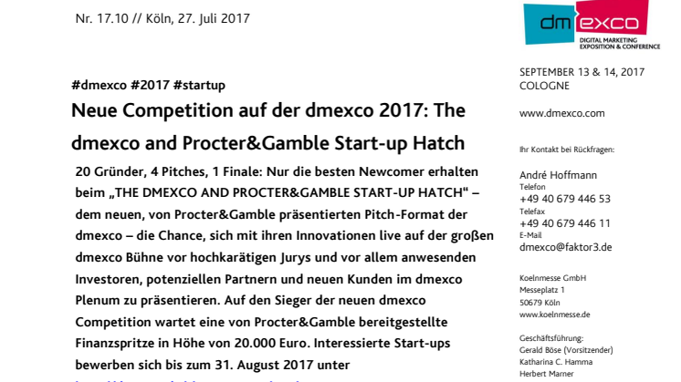 Neue Competition auf der dmexco 2017: The dmexco and Procter&Gamble Start-up Hatch
